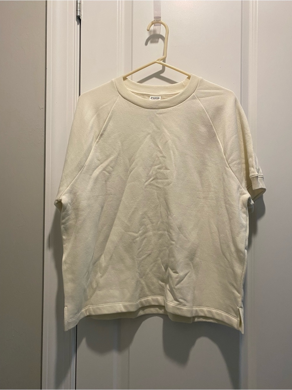 NWT Cream Pink Victoria Secret Short Sleeve Sweatshirt SZ L Cotton Blend